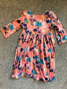 Girls' Coral Floral Knit Dress with Teal & Navy Print